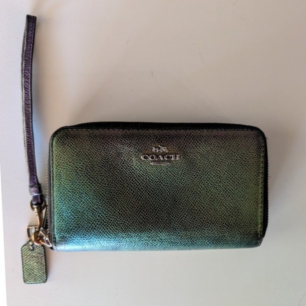 VTG Coach Iridescent Double Zip Wristlet Wallet Green Purple Crossgrain Leather